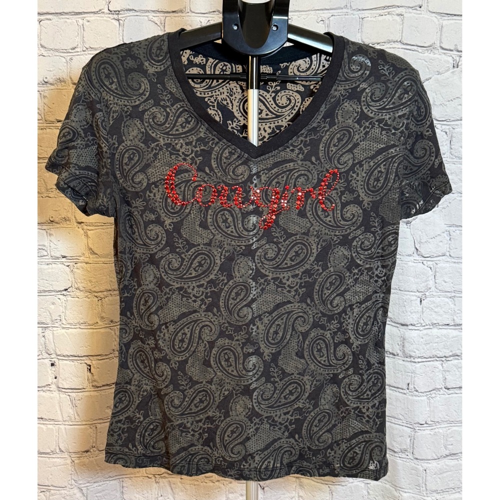 Cowgirl Hardware Womens XL Grey Paisley Red Rhinestone Cowgirl V-Neck T-Shirt